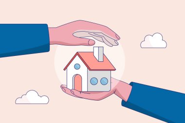 Ev güvenliği kavramı. Gayrimenkul ya da mülk koruması. Ev sigortası, iş adamı avucunun içinde bir ev sigorta olarak korumak için diğer el kapağı. Modern düz vektör illüstrasyonu