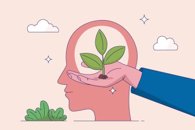 Kişisel gelişim kavramı. Potansiyel gelişme, motivasyon ve arzu. Psikoterapi ve analiz. Büyüyen bitki ikonu ile insan kafası silueti. Modern düz vektör illüstrasyonu