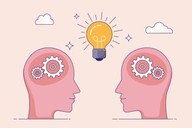 Takım çalışması iletişimi. Yoldaş, ortaklık çözüm bulmak ve birlikte kazanmak için ekibe yardım et. Yeni bir fikir geliştirmek için başarı takım çalışması ya da destek. Dişli mekanizması ve ampullü insan kafası silueti.