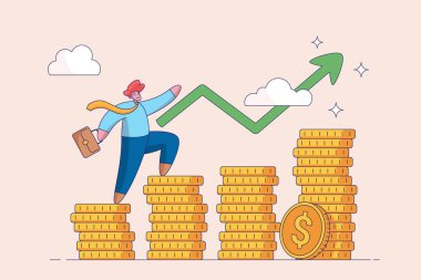 İş konsepti. Motivasyonu yükseltiyorum. Para, yatırım ve kariyer büyüme metaforu. Genç bir kadın mı yoksa bozuk para yığınında koşup hedefine tırmanmak mı? Modern vektör illüstrasyonu