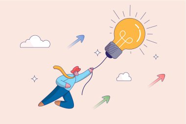 Yenilik kavramı. İş büyümesi. Motivasyon ve Başarı. Başarı, başarılı bir şekilde iş geliştirme. İlerleyin. Ampulle uçan bir iş adamı. Modern izole vektör çizimi.