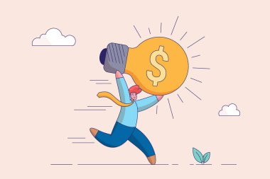 Gelişimini arttırmak için yaratıcılık ya da yenilik, finansal fikir kavramı. Yeni fikirlerden para kazanmak, yatırımlardan kar etmek, dolar işaretli parlak ampul fikrini taşıyan mutlu iş adamı.