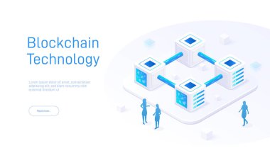 Devre bileşenleri, elektrik mavisi renkleri, şeffaf dikdörtgenler ve daireler kullanan bir izometrik illüstrasyon blockchain teknolojisini gösterir