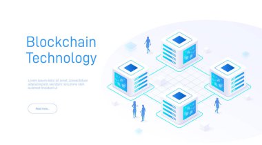 Devre bileşenleri, elektrik mavisi renkleri, şeffaf dikdörtgenler ve daireler kullanan bir izometrik illüstrasyon blockchain teknolojisini gösterir