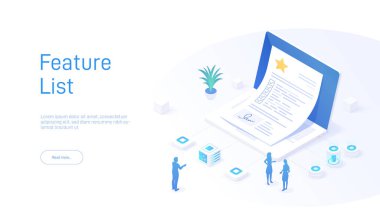 Dikdörtgenler, daireler, yazı tipleri, marka logoları ve elektrik mavi elementler gibi grafiklerin yer aldığı bir liste sunan bir dizüstü bilgisayar ve kağıt parçasına sahip Isometric illüstrasyon