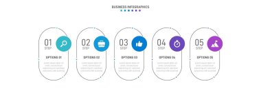 Timeline infographic with infochart. Modern presentation template with 5 spets for business process. Website template on white background for concept modern design. Horizontal layout