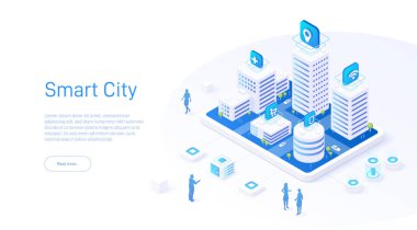 Akıllı şehir özelliklerinin Isometric illüstrasyonu. Geleceğin şehri mavinin tonlarında. Mobil ekranda sokak haritası