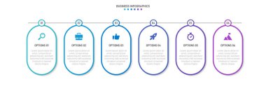 Timeline infographic with infochart. Modern presentation template with 6 spets for business process. Website template on white background for concept modern design. Horizontal layout