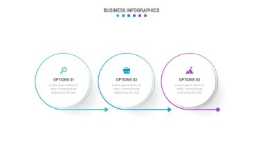 Timeline infographic with infochart. Modern presentation template with 3 spets for business process. Website template on white background for concept modern design. Horizontal layout