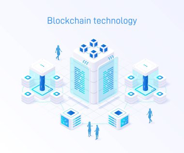 Devre bileşenleri, elektrik mavisi renkleri, şeffaf dikdörtgenler ve daireler kullanan bir izometrik illüstrasyon blockchain teknolojisini gösterir