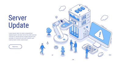 Elektrik mavi hatlı Isometric sunucu güncellemesi. Programcılar işletim sistemini güncelliyor. Yazılım, program ve uygulamaları güncelleyen bilişim uzmanları. Teknik hata ve servis