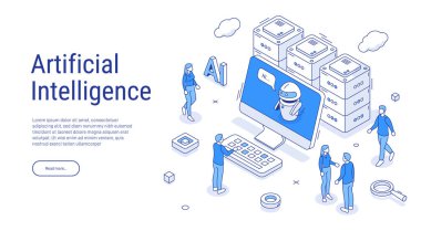 Ekranda yapay zeka var. Taslak biçiminde Isometric illüstrasyon. Chatbot ya da yapay zeka işe yardımcı olur. Modern teknoloji. Sunucuların arka planındaki küçük insanlar.