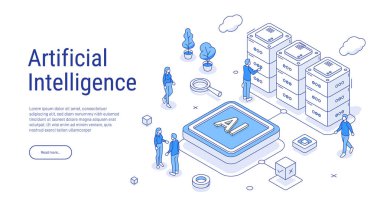 Yapay zeka çipi ya da işlemci. Taslak biçiminde Isometric illüstrasyon. Chatbot ya da yapay zeka işe yardımcı olur. Modern teknoloji. Sunucuların arka planındaki küçük insanlar.