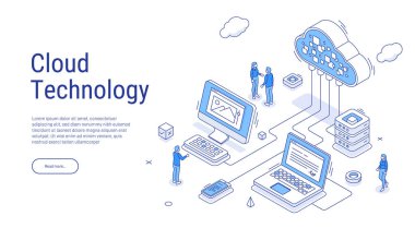 Bulut depolama izometrik. Bilgisayar servis teknolojisi. Ağ altyapısı. Veri sunucusu platformu. Çevrimiçi aygıtlar yükler, bilgi indirir. Veri tabanında bulut hizmetleri var. 3d illüstrasyon.