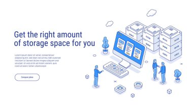 Senin için doğru miktarda depolama alanı. Bulut deposunda doğru miktarda depolanmış bir plan seçiyor. Isometric 3d vektör çizimi