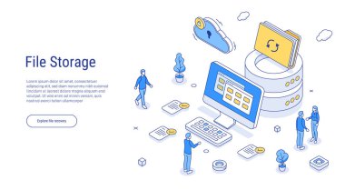 Dosya depolama kavramı. Dizüstü bilgisayarın başında duran adamın kavramsal şablonu. Elektronik dosya organizasyon servisi için olay yeri. Web afişi, bilgi grafikleri, kahraman resimleri için. Düz izometrik illüstrasyon.