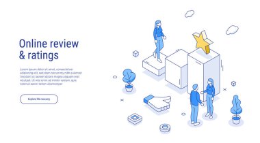 İzometrik vektör illüstrasyonunda çevrimiçi inceleme kavramı. Müşteri anketi ya da akıllı telefondan mobil internet üzerinden itibar derecesi. Ürün veya uygulama için kullanıcı geribildirim servisi. Özet izometrik çizgi biçimi