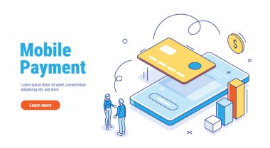 Mobil ödeme izometrik özet iş konsepti. Bankacılık ya da finansal işlemler. Akıllı telefonun yanında banka kartı olan insanlar. Mal ve hizmetler için ödeme kavramı. 