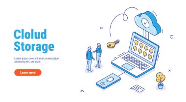 Bilgisayarlı, bilgisayarlı, akıllı telefonlu bulut depolama konsepti. Telefonunuz, bilgisayarınız ya da dizüstü bilgisayarınız ve bulut depolamanız arasındaki dosyalar senkronize ediliyor. Taslak biçimi Isometric vektör çizimi izole edilmiş beyaz