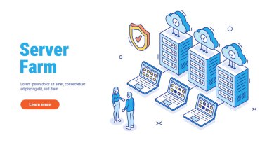 Sunucu çiftlik odası ana hatları izometrik konsept. Bulut hesaplama servisiyle bağlantılı büyük veri deposu. Çevrimiçi ev sahipliği teknolojisi. Beyaz arkaplanda izole edilmiş vektör çizgisi illüstrasyonu