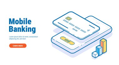 Çevrimiçi bankacılık uygulaması İniş sayfasının izometrik hatları. E-ödeme ekranı. Kredi kartı ödeme başvurusunda bulunan akıllı cüzdan konsepti. Akıllı telefon teknik ödemesi