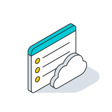 Veri yükleme bulut bilgisayarı. Veritabanı transferi. İnternet ağı küresel bağlantı. Dijital bilgi senkronizasyonu sunucusu siber uzay web teknolojisi. Çizgi doğrusal izometrik 3d simge vektörü