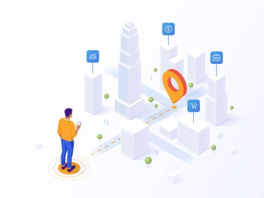 Adam cep telefonunun GPS 'ini yüksek izometrik gökdelenlerin ortasında dijital olarak döşenmiş bir rotayı takip ederek kullanıyor. Konum izleme konsepti izometrik vektör çizimi. En kısa yol seçiliyor