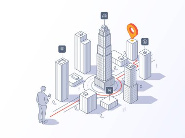 Konum izleme konsepti izometrik vektör çizimi. En kısa yolu seçiyorum. Şehre cep telefonuyla yön gösteren Isometric illüstrasyon