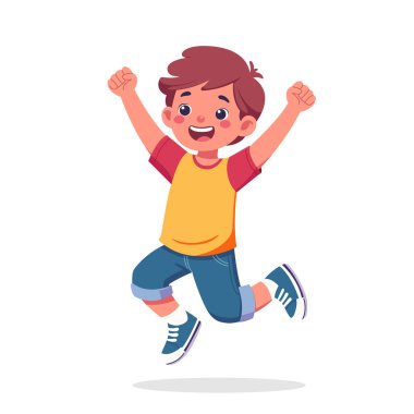 Neşeli çocuk havaya sıçrıyor, mutluluğun ve özgürlüğün özünü neşeli bir atlayışla yakalıyor. Çocuk vektör çizimi çizimi. Çocuk, okul çocuğu, küçük çocuk beyaz arka planda izole edilmiş.