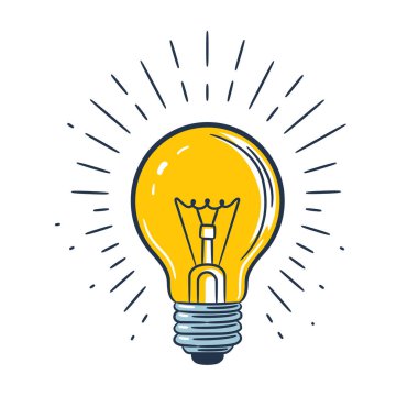 Parlak bir fikrin, yaratıcılığın ve yeniliğin evrensel sembolü olan ampulü içeren oyuncu bir karalama tarzında el çizimi vektör çizimi. Beyaz arkaplanda sarı ampul