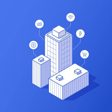 Akıllı şehir izometrik vektörü. İllüstrasyon Finansal ve e-ticaret inşa ikonları mavi üzerine, ticareti, interneti ve enerjiyi sembolize eder