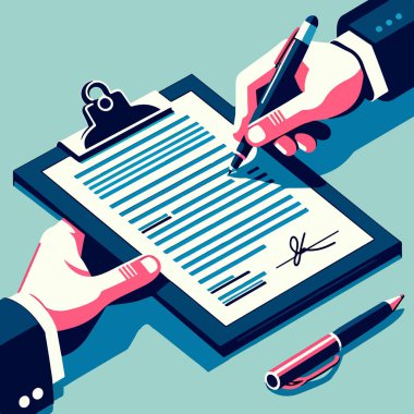 Ideal for depicting agreements, contracts, and legal document finalization in business and legal graphics. Vector illustration of a document signing process clipart