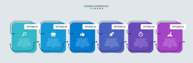 Yatay ilerleme çubuğunda iş stratejisinin ve ilerlemenin altı aşamasını sembolize eden 6 ok şeklindeki unsurlar yer alıyor. Temiz zaman çizelgesi bilgi tasarım şablonu. Sunum için vektör.