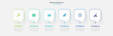Yatay ilerleme çubuğunda iş stratejisinin ve ilerlemenin altı aşamasını sembolize eden 6 ok şeklindeki unsurlar yer alıyor. Temiz zaman çizelgesi bilgi tasarım şablonu. Sunum için vektör.