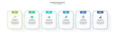 Yatay ilerleme çubuğunda iş stratejisinin ve ilerlemenin altı aşamasını sembolize eden 6 ok şeklindeki unsurlar yer alıyor. Temiz zaman çizelgesi bilgi tasarım şablonu. Sunum için vektör.