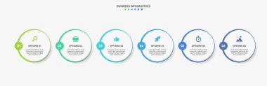 Yatay ilerleme çubuğunda iş stratejisinin ve ilerlemenin altı aşamasını sembolize eden 6 ok şeklindeki unsurlar yer alıyor. Temiz zaman çizelgesi bilgi tasarım şablonu. Sunum için vektör.