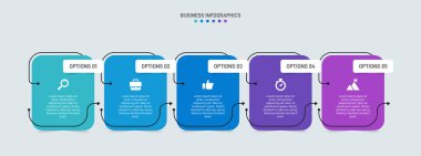Yatay ilerleme çubuğunda, iş stratejisinin ve ilerlemenin beş aşamasını sembolize eden 5 ok şeklinde element yer alıyor. Temiz zaman çizelgesi bilgi tasarım şablonu. Sunum için vektör.