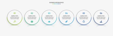 Yatay ilerleme çubuğunda iş stratejisinin ve ilerlemenin altı aşamasını sembolize eden 6 ok şeklindeki unsurlar yer alıyor. Temiz zaman çizelgesi bilgi tasarım şablonu. Sunum için vektör.