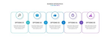 Yatay ilerleme çubuğunda, iş stratejisinin ve ilerlemenin beş aşamasını sembolize eden 5 ok şeklinde element yer alıyor. Temiz zaman çizelgesi bilgi tasarım şablonu. Sunum için vektör.