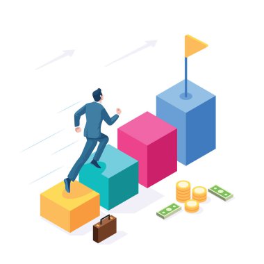 İşadamı bu canlı izometrik vektörde, madeni hedefleri ve başarıları simgeleyen para ve banknotlarla başarı basamaklarını tırmanıyor. İş başarısı izometrik illüstrasyon