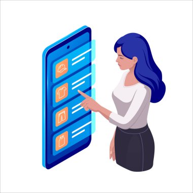 İnternetteki bir giyim mağazası kataloğunun arayüzünü gösteren büyük bir cep telefonunun yanında duran bir kadını resmeden Isometric illüstrasyon. E-ticaret, moda, teknoloji