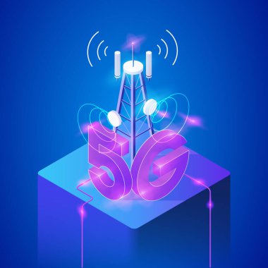 Belirgin 5G işaretli bir baz istasyonu tasvir eden Isometric illüstrasyon. Telekomünikasyon, teknoloji, bağlantı, 5G ağları ve kablosuz iletişimin geleceği