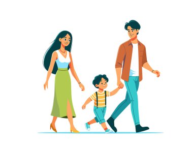 Düz stil vektör illüstrasyonunda mutlu bir aile gezintiye çıkıyor. Bu resimde, beyaz bir arkaplanda basit ve temiz bir dizayn ile aile bağının neşesi gözler önüne seriliyor..