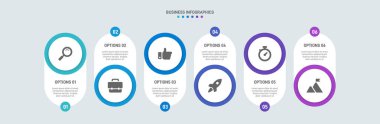 Yatay ilerleme çubuğunda iş stratejisinin ve ilerlemenin altı aşamasını sembolize eden 6 ok şeklindeki unsurlar yer alıyor. Temiz zaman çizelgesi bilgi tasarım şablonu. Sunum için vektör.
