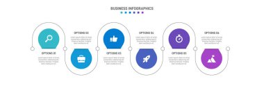 Yatay ilerleme çubuğunda iş stratejisinin ve ilerlemenin altı aşamasını sembolize eden 6 ok şeklindeki unsurlar yer alıyor. Temiz zaman çizelgesi bilgi tasarım şablonu. Sunum için vektör.