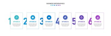 Yatay ilerleme çubuğunda iş stratejisinin ve ilerlemenin altı aşamasını sembolize eden 6 ok şeklindeki unsurlar yer alıyor. Temiz zaman çizelgesi bilgi tasarım şablonu. Sunum için vektör.