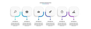 Yatay ilerleme çubuğunda iş stratejisinin ve ilerlemenin altı aşamasını sembolize eden 6 ok şeklindeki unsurlar yer alıyor. Temiz zaman çizelgesi bilgi tasarım şablonu. Sunum için vektör.