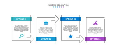 Yatay ilerleme çubuğunda 4 ok şeklindeki elementler iş stratejisinin ve ilerlemenin dört aşamasını sembolize eder. Temiz zaman çizelgesi bilgi tasarım şablonu. Sunum için vektör.