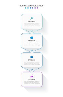 Dikey ilerleme çubuğunda, iş stratejisi ve ilerlemenin dört aşamasını sembolize eden 4 ok şeklindeki unsurlar yer alıyor. Temiz zaman çizelgesi bilgi tasarım şablonu. Mobil sunum için vektör