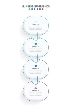 Dikey ilerleme çubuğunda, iş stratejisi ve ilerlemenin dört aşamasını sembolize eden 4 ok şeklindeki unsurlar yer alıyor. Temiz zaman çizelgesi bilgi tasarım şablonu. Mobil sunum için vektör